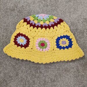 Women's Multicolor Crochet Bucket Hat Summer Beach Yellow Cottagecore Bohemian